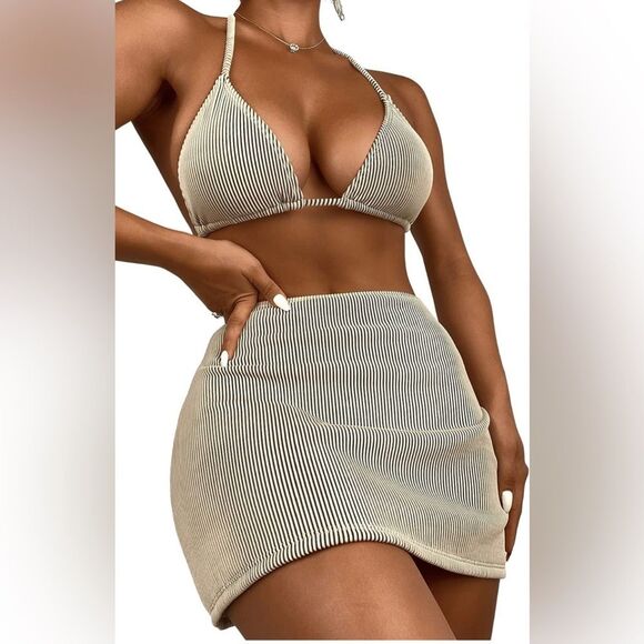 Women's 3 Piece Zebra Striped Bikini Swimsuit & Beach Skirt Bathing Suit (165) - Picture 2 of 8